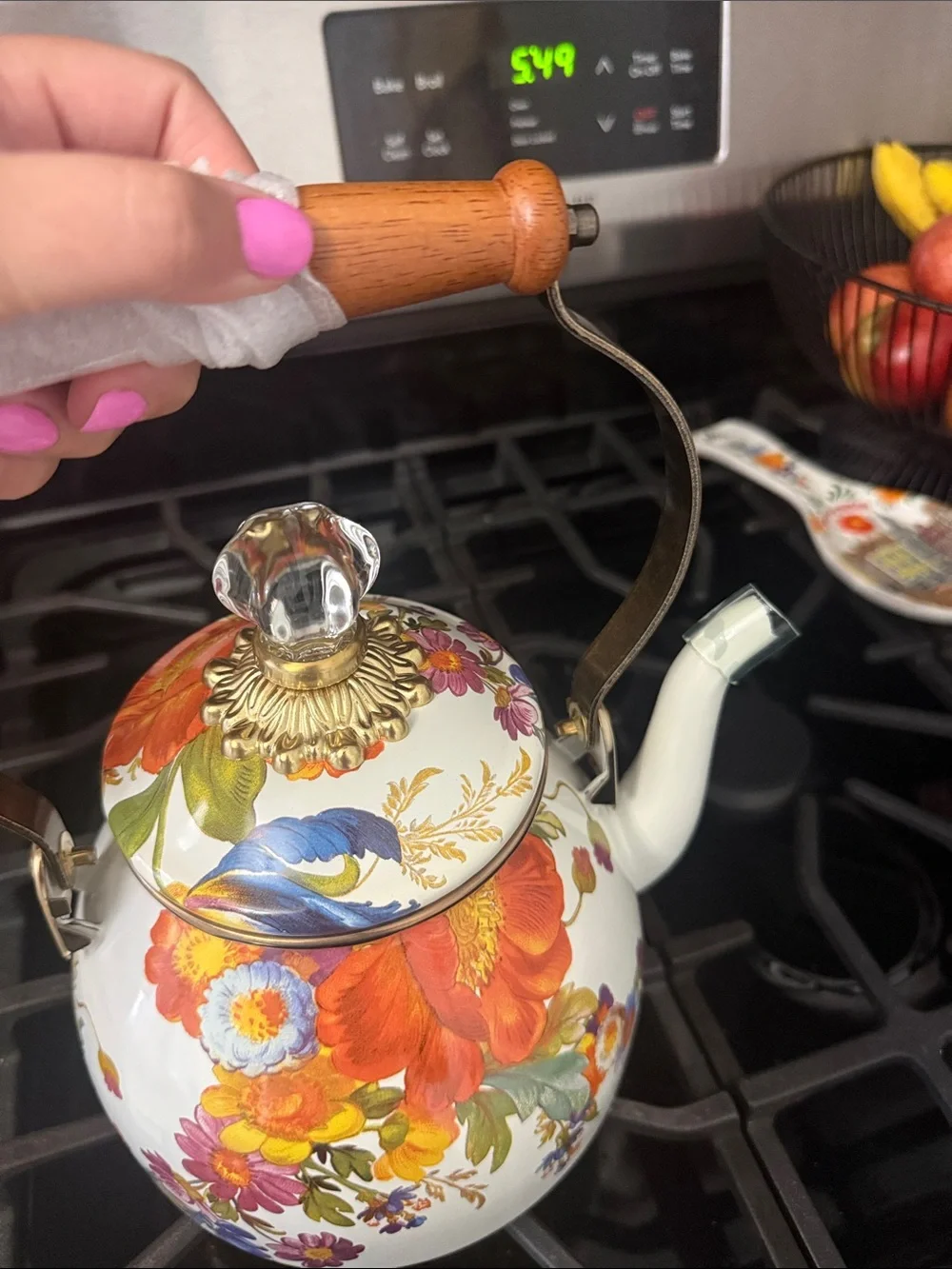 McKenzie Childs Floral Enamel Tea Kettle - White with Multicolor Flowers